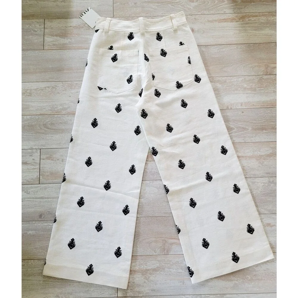 Zara XS Embroidered Wide‎ Leg Linen Pants Oyster White ZW Collection Aztec NWT